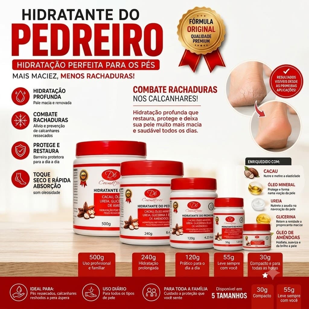 Creme do Pedreiro Hidratante para Pés, Mãos, Cotovelos e Joelhos Secos — Variações 30g, 55g, 120g, 240g e 500g