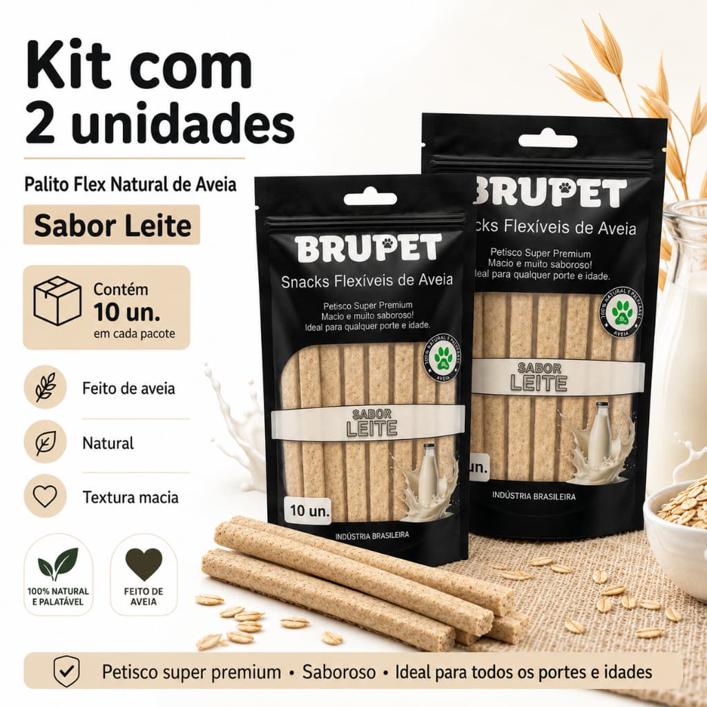 Kit 2un Palito Flexível Aveia Sabor Leite Brupet 10 Unidades Petisco Natural Premium Bifinho Cães Cachorro
