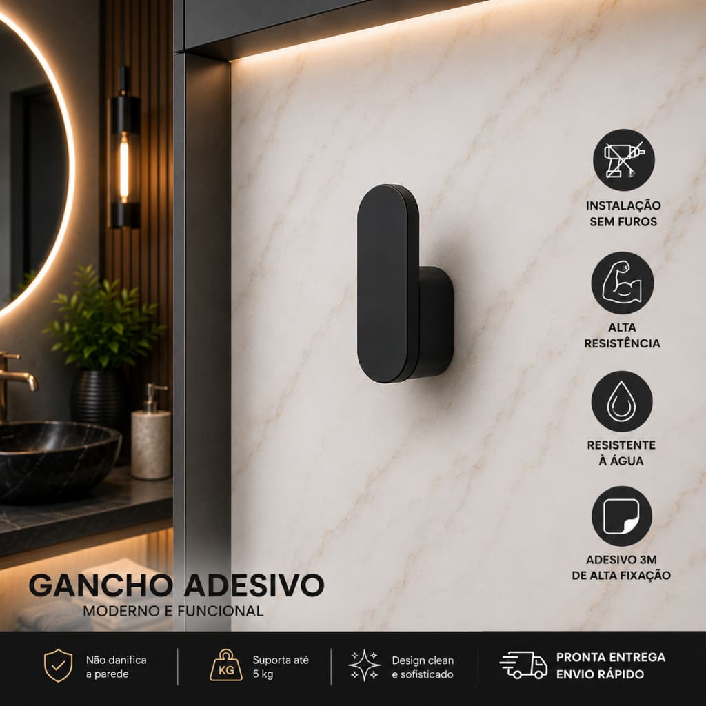 Gancho Adesivo de Parede Sem Furar 3M Porta Toalha Multiuso para Banheiro Cozinha