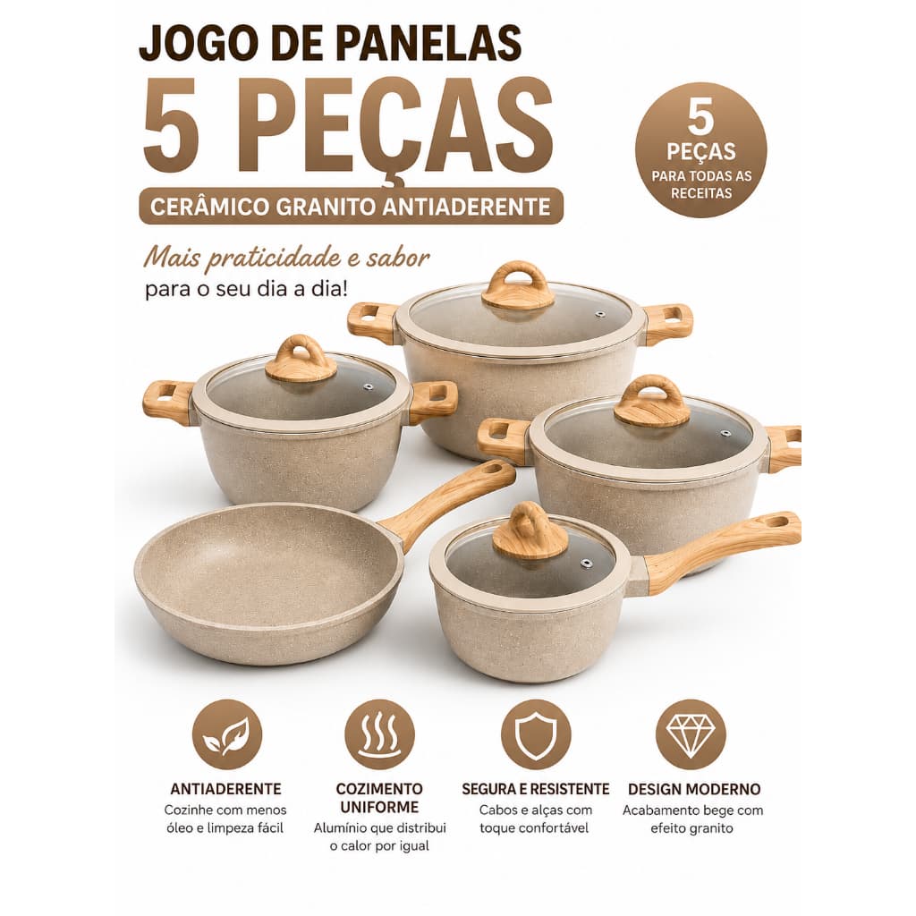 Jogo de Panelas Cerâmica 5 Peças Antiaderente Granito com Tampas de Vidro Alumínio Revestimento Cerâmico