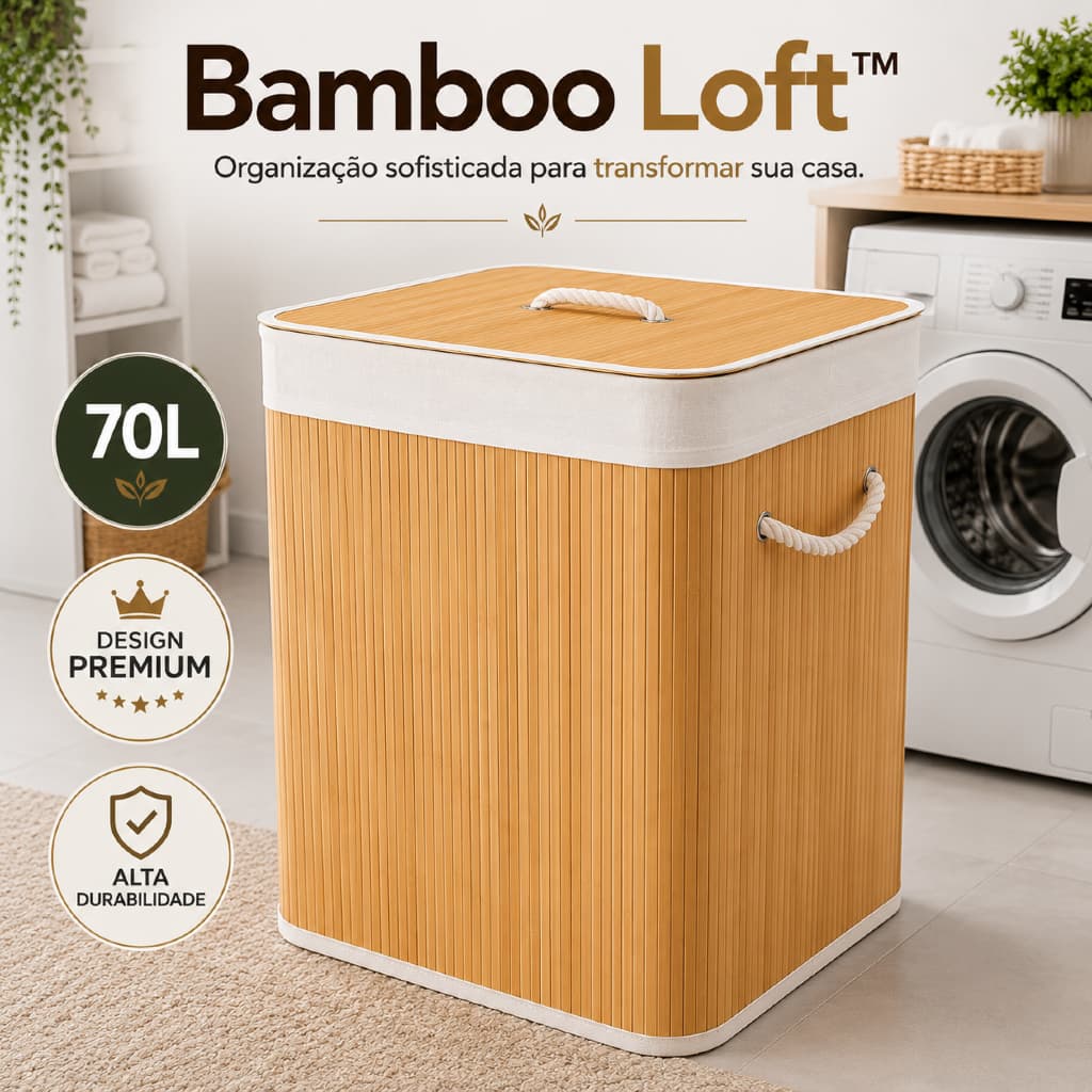 Bamboo Loft™ | Cesto Organizador de Roupas 70L com Tampa e Alças Estilo Bambu Dobrável Grande