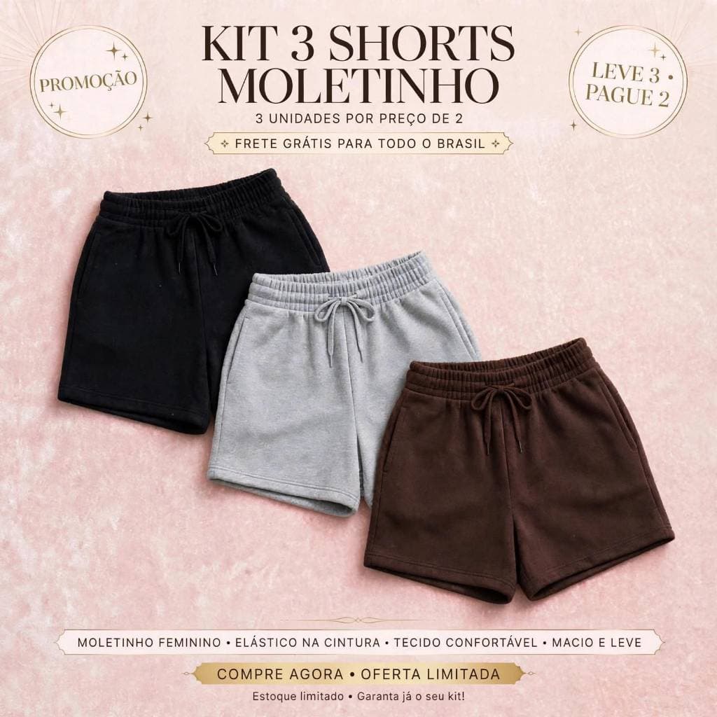 Kit 3 Shorts Feminino Moletinho Moletom Elástico na Cintura Com Bolsos Laterais Tendência