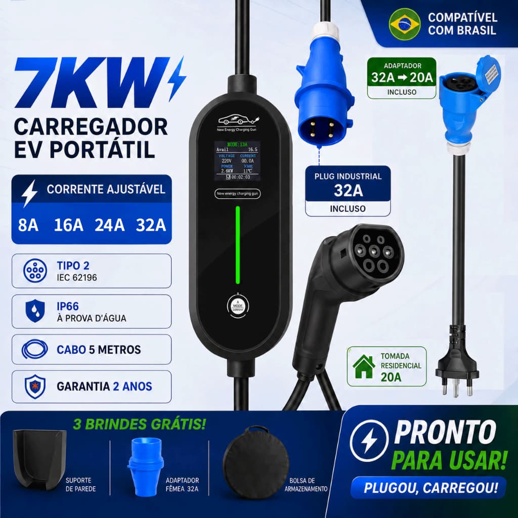 Carregador Portátil para Veículo Elétrico 7kW 32A 110V/220V Bivolt