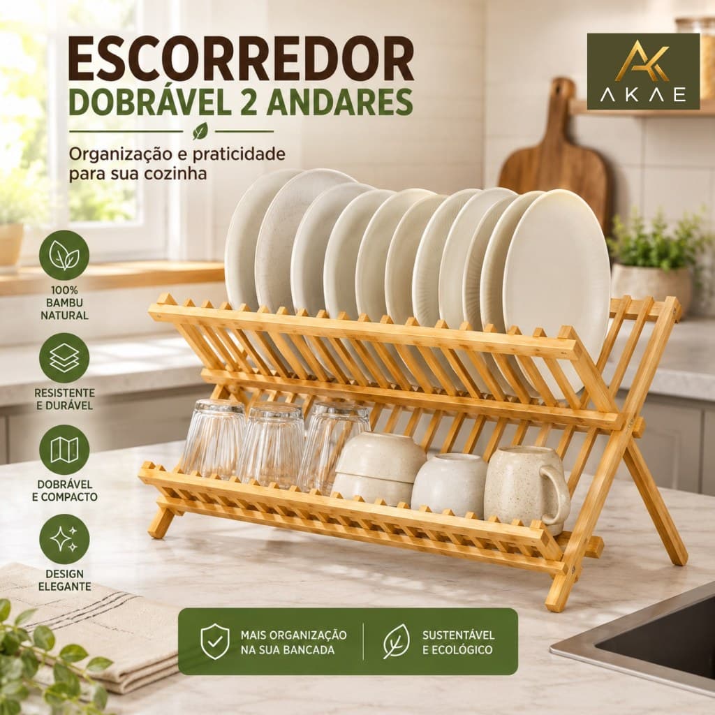 Escorredor De Louças Dobrável Bambu 2 Andares Ecológico Pratos Madeira 2 Níveis Cozinha Oferta