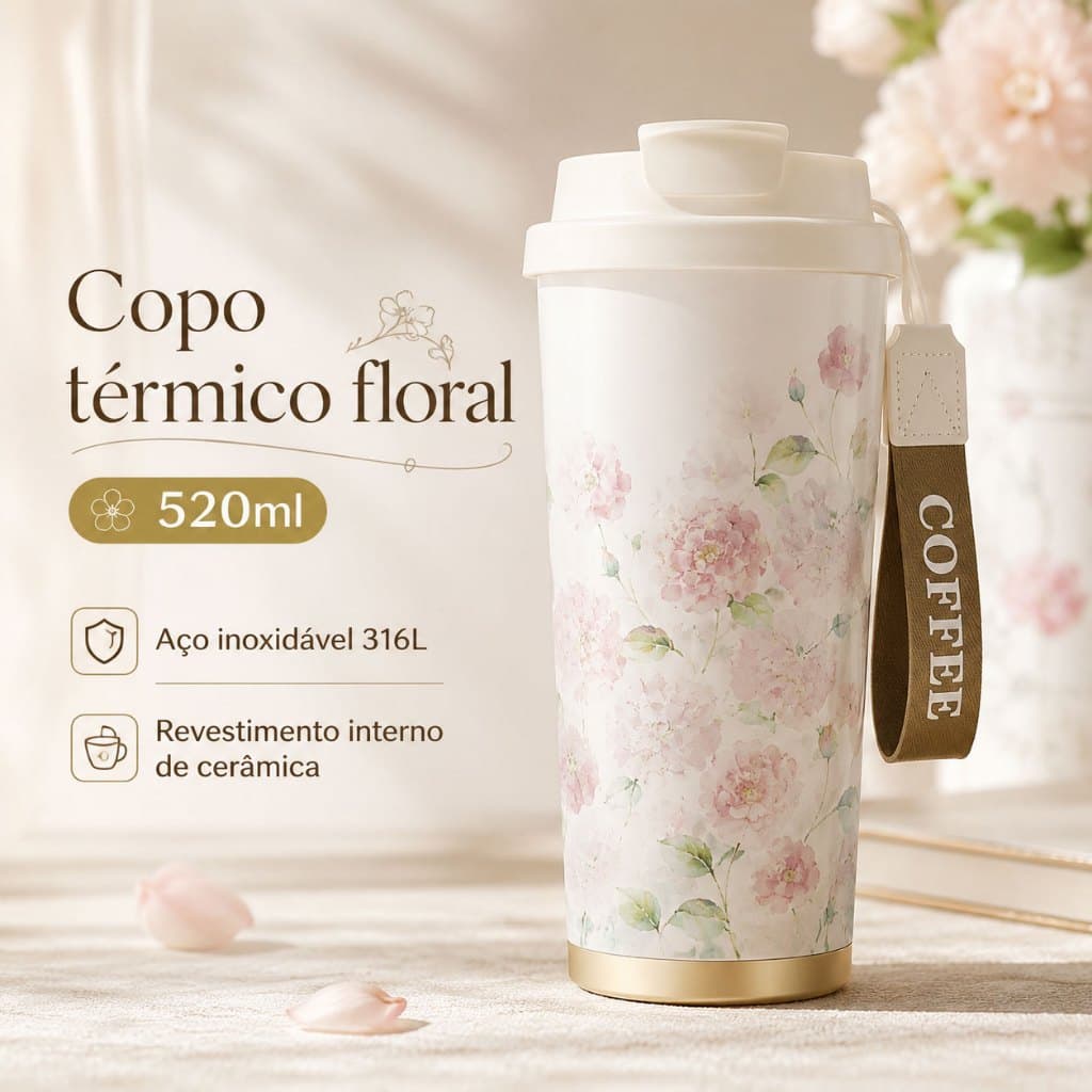 8.8 Big Sale Nova Copo Térmico 520ml com Alça – Inox + Cerâmica | Tampa Antivazamento