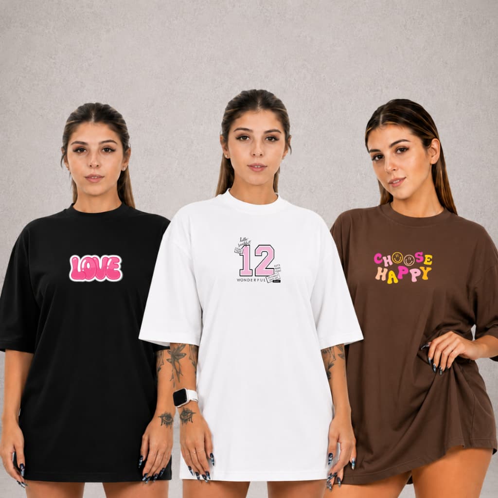 Kit 3 Blusa Feminina Plus Estanpado Choose  Size Manga Curta Gola Redonda Malha 100% Algodão