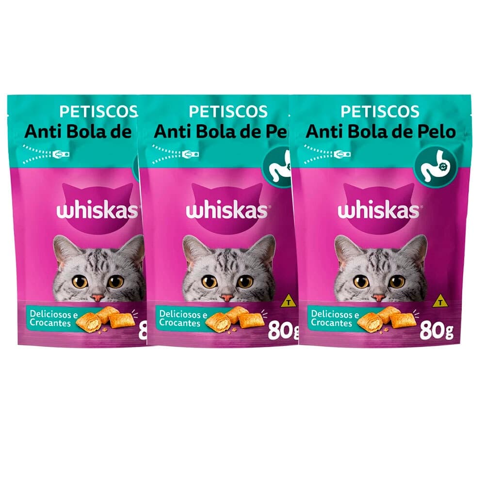 Kit 3 Un. Petisco Whiskas Temptations Anti Bola De Pelo Gatos Adultos 80g