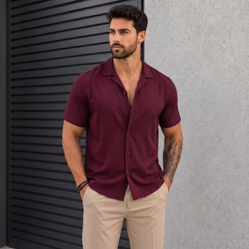 Camisa Social Masculina Casual Manga Curta Lisa