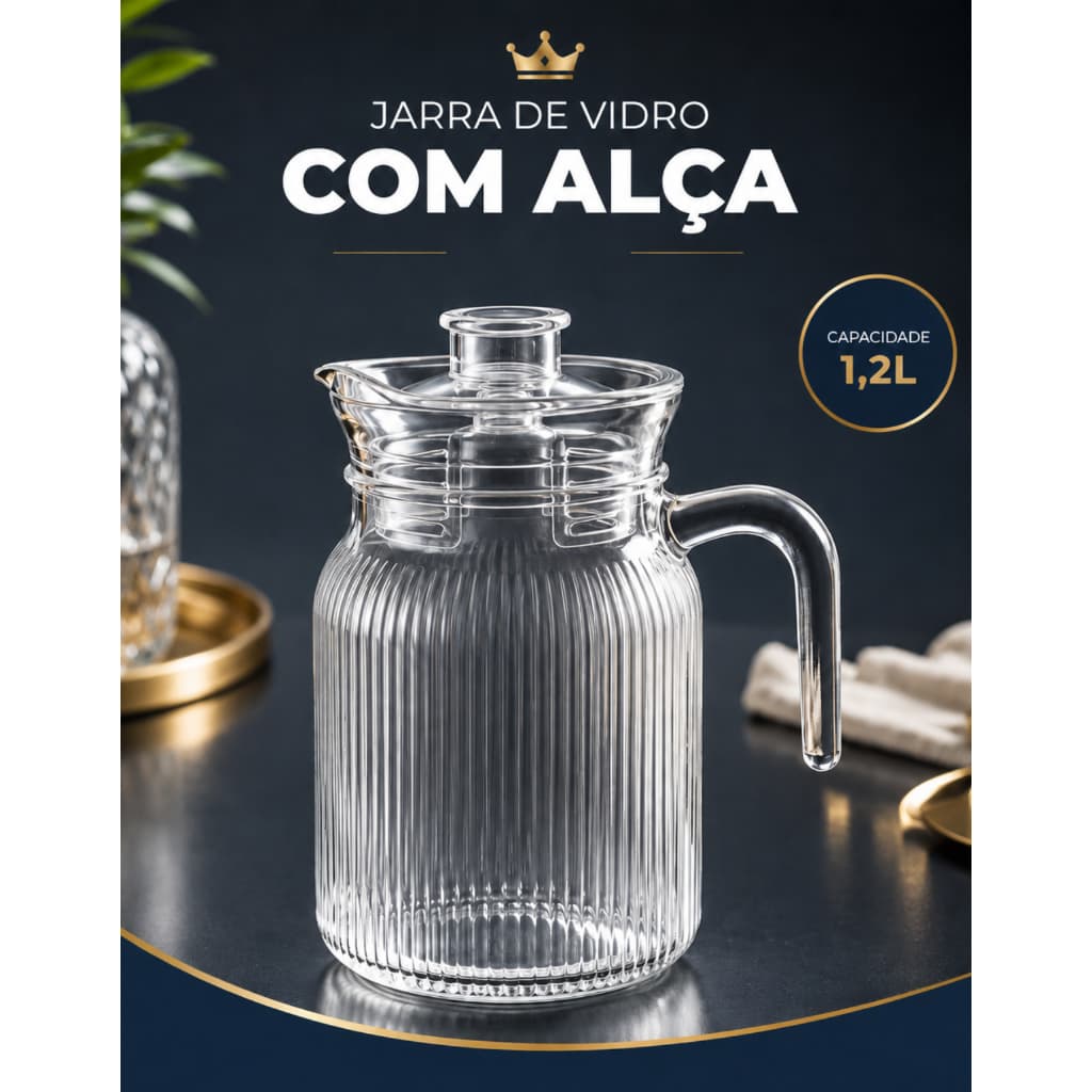 Jarra de Vidro Canelada com Tampa de Acrílico 1200ml Alça Resistente para Água e Sucos