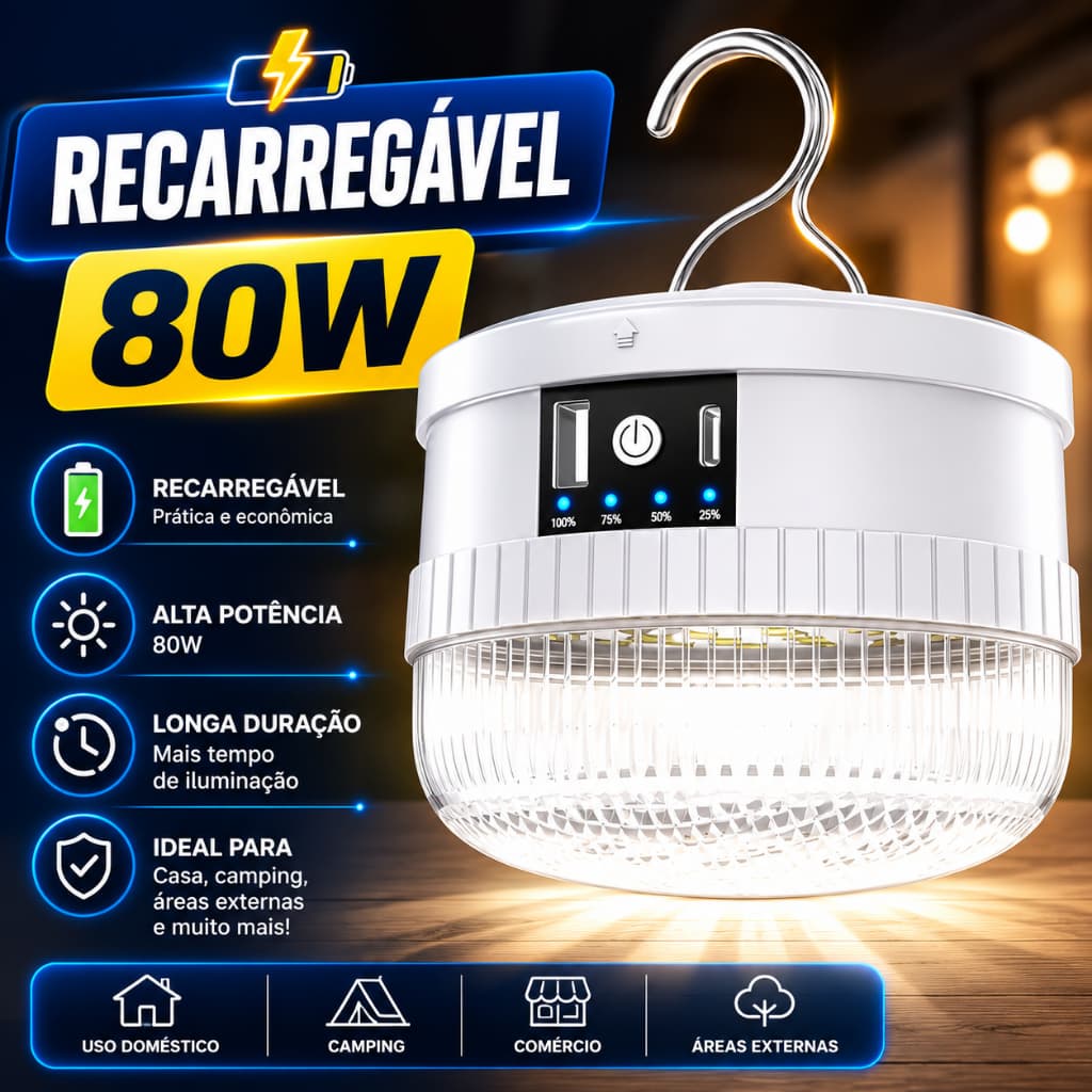 Lâmpada de Emergência LED Recarregável 80W