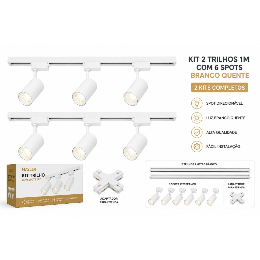 Kit Trilho Eletrificado Branco 2MT + 6 Spots Branco quente Koales10W com adaptador