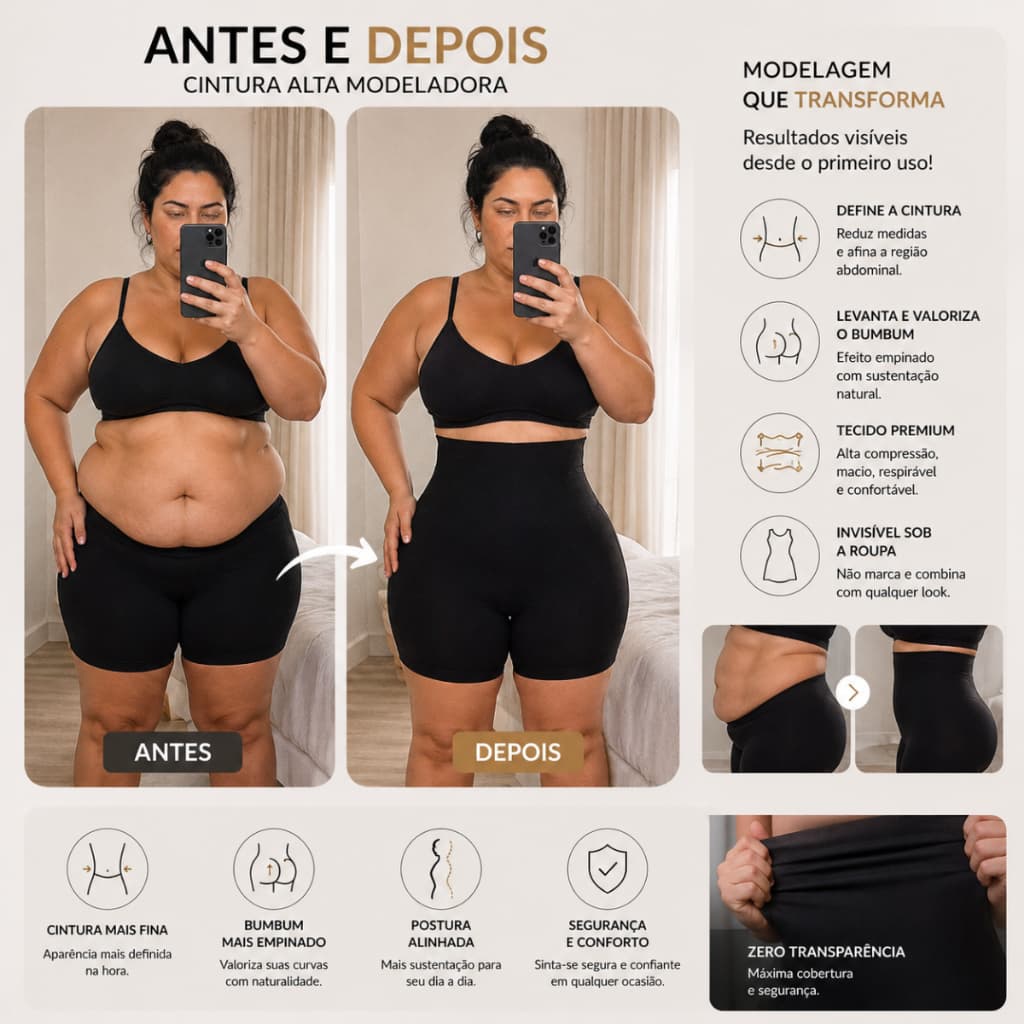 Short Cinta Modelador Original 4 Barbatanas - Alta Compressão - Não Enrola - Empina Bumbum Plus Size