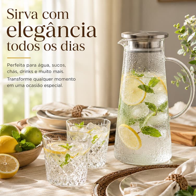 Jarra de Vidro Borossilicato 1400ml Tampa Inox Água Suco Chá Café Mesa Posta Geladeira