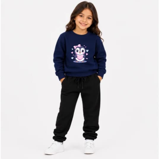 Conjunto Moletom Blusa E Calça Gola Careca Infantil Premium Várias Cores Estampa Pinguim Lacinho Coração