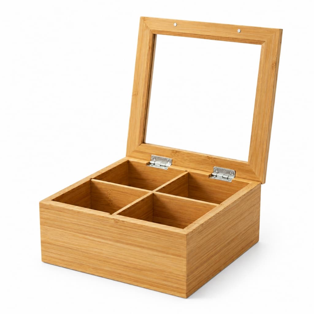 Organizador Porta Chá Sachê Bambu Caixa Decorativa 4 Divisórias Especiarias