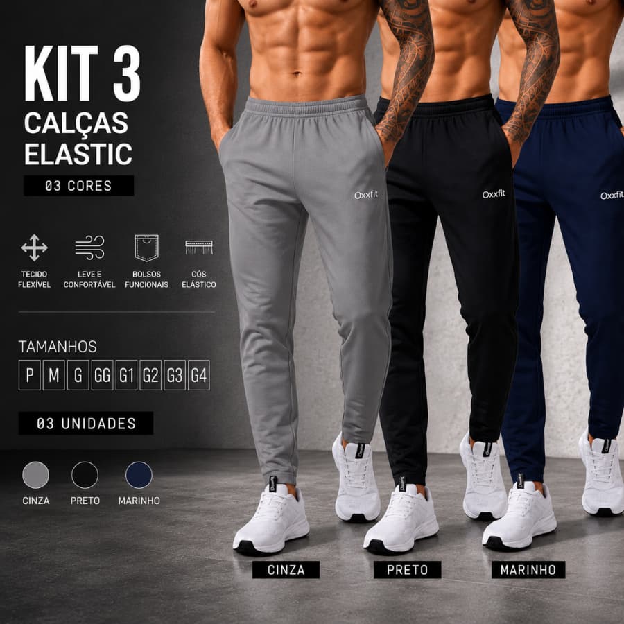 Kit 3 Calças Jogger Elastic Oxxifit Esportiva Com Bolsos Laterais Unissex P ao G4