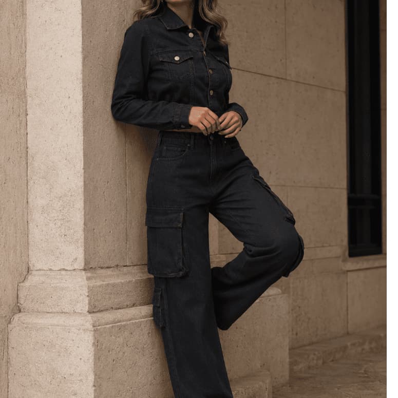 Conjunto Kit Calça Cargo E Jaqueta Jeans Cropped Preto
