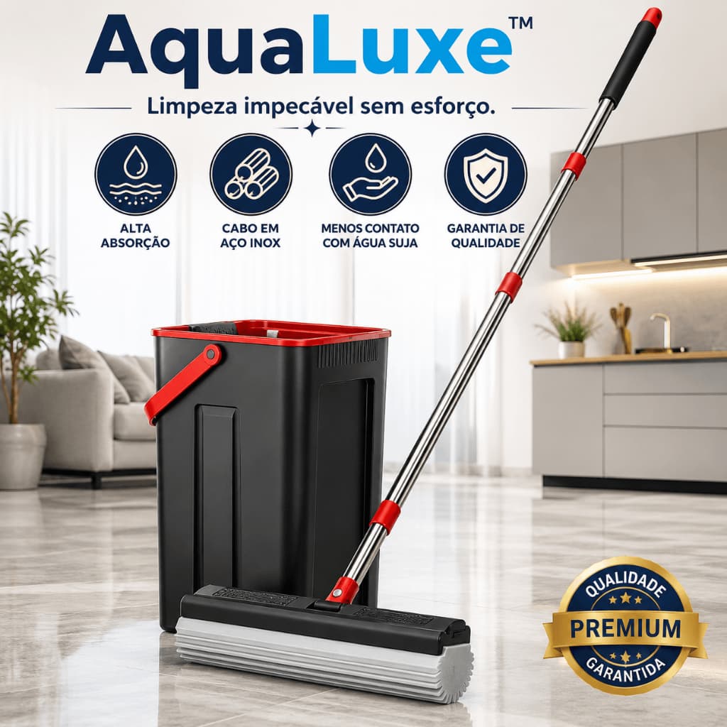 Mop Esponja PVA com Balde AquaLuxe 125cm Cabo em Aço Inox Rodo Mágico Limpeza Prática Alta Absorção para Piso