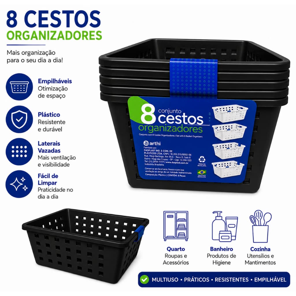 Kit 8 Cestos Organizadores Multiuso 1.3 Litros