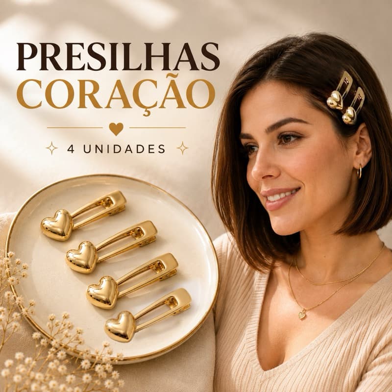 Presilhas de Cabelo Coração Dourado Kit com 4 l Acessório feminino Delicado