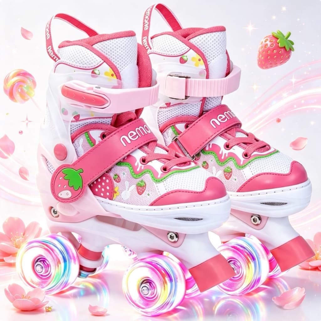 Patins Meninas Com Freios Morango 4 Rodas Com LED Ajustavel