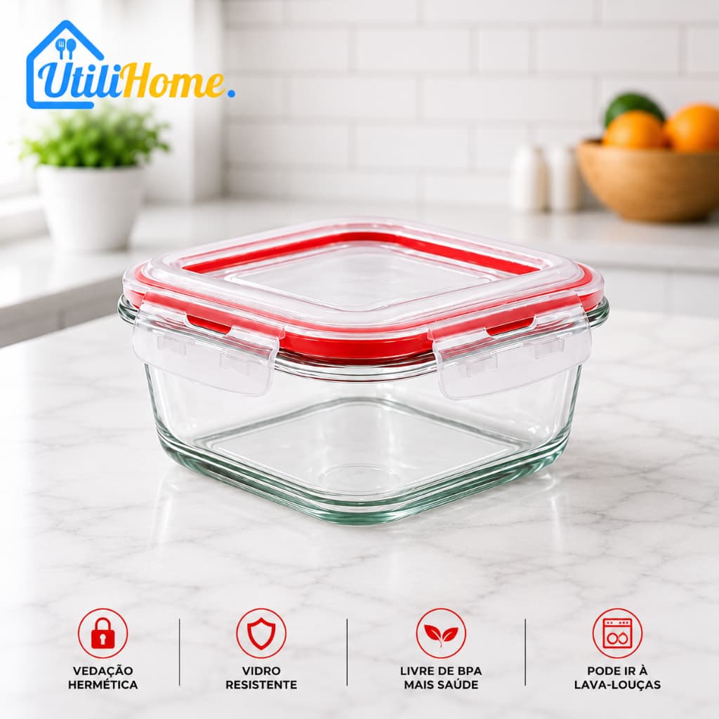 Pote de Vidro Hermético Quadrado 520ml Tampa Plástica com Travas