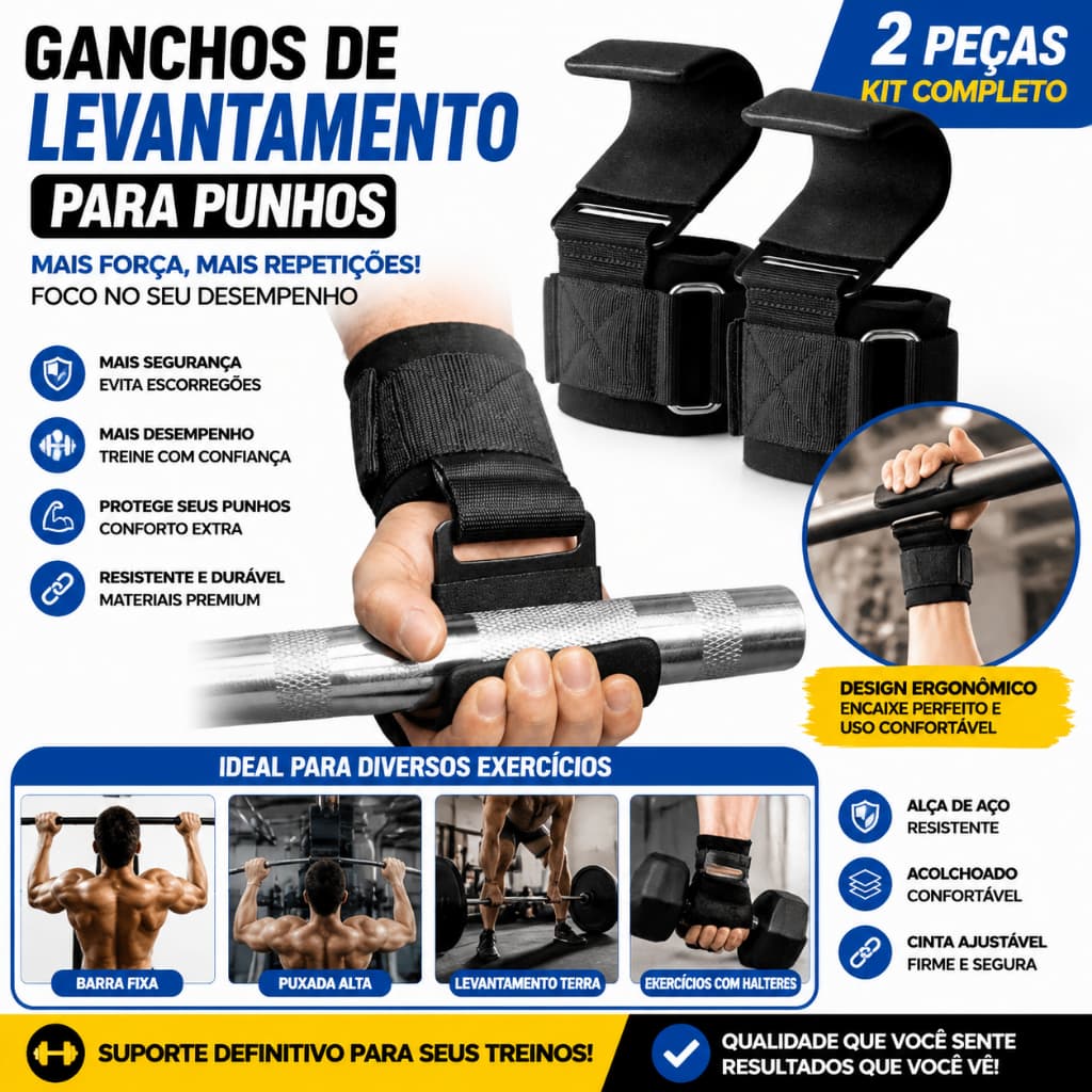 Kit com 2 Peças Gancho de Musculação com Munhequeira, Alça de Auxílio para Levantamento de Peso, Barra Fixa e Remada Aca