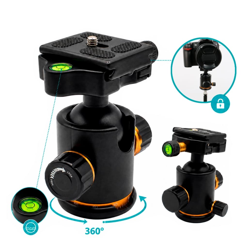Suporte Ball Head Profissional 360 para Câmera DSLR Mirrorless com Rosca 1/4 e 3/8 para Tripé Monopé Foto Vídeo