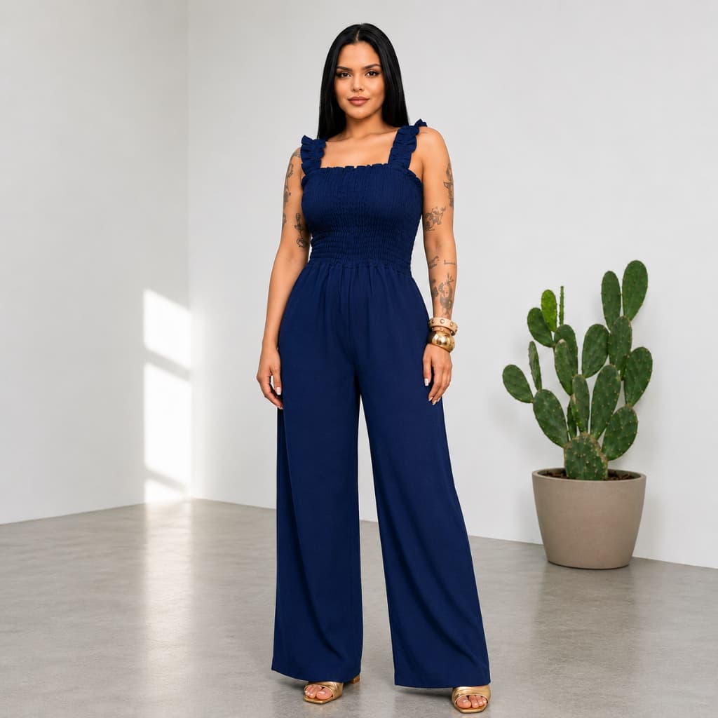 Macacão Longo No Tecido Jeans Canbrey Pantalona Feminino com Lastex no Busto e Alça Babado