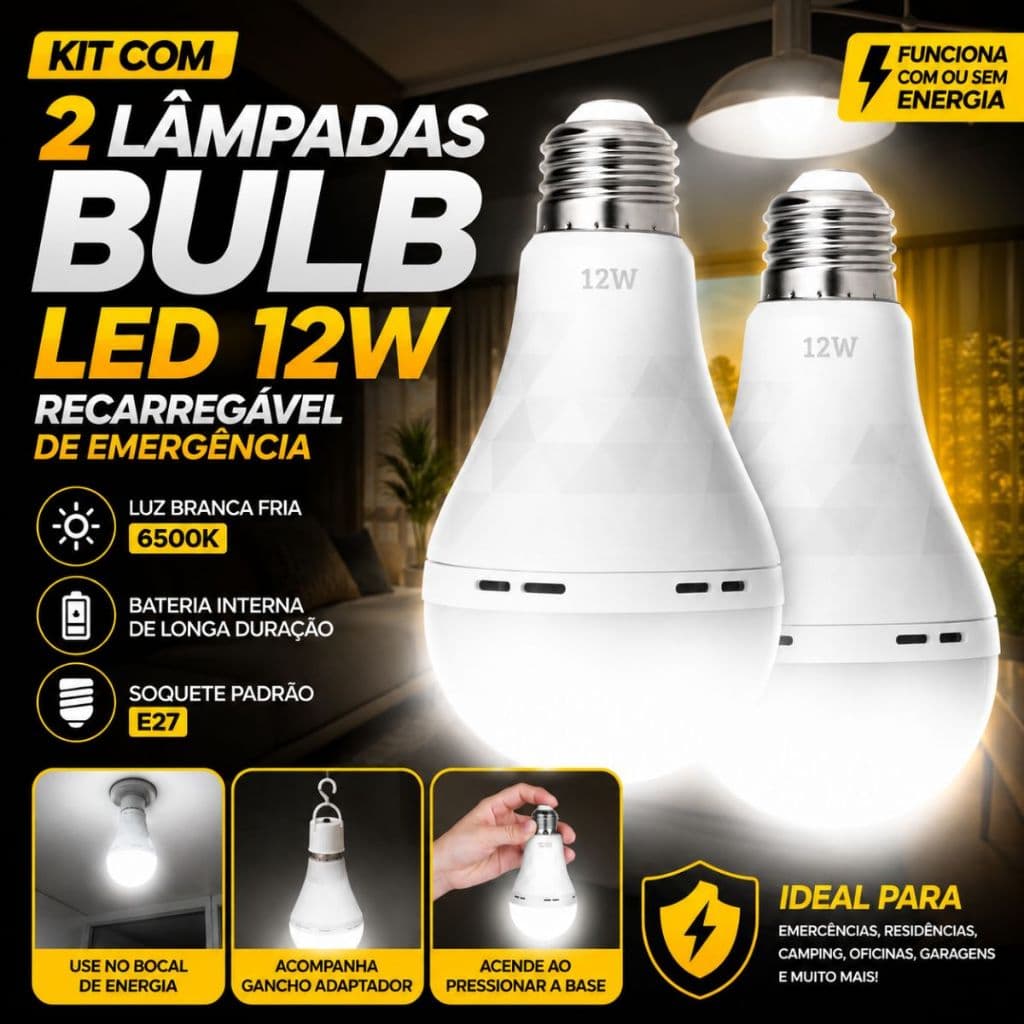 Kit 2 Lâmpadas LED 12W Recarregável E27 Para Emergência Camping Residência Luz Branca