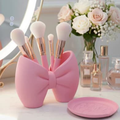 Laço Porta Pinceis de Maquiagem + Bandeja Rosa Limpa Pinceis Porta Joias Kit Premium Laço Grande