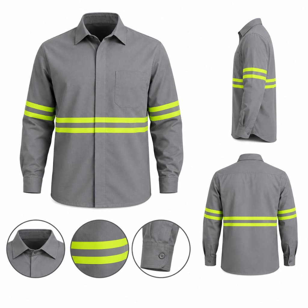 Camisa NR10 Maicol Cedrotech 8048 | Cinza com Refletivo Verde | Antichama | EPI Profissional | CA 44108