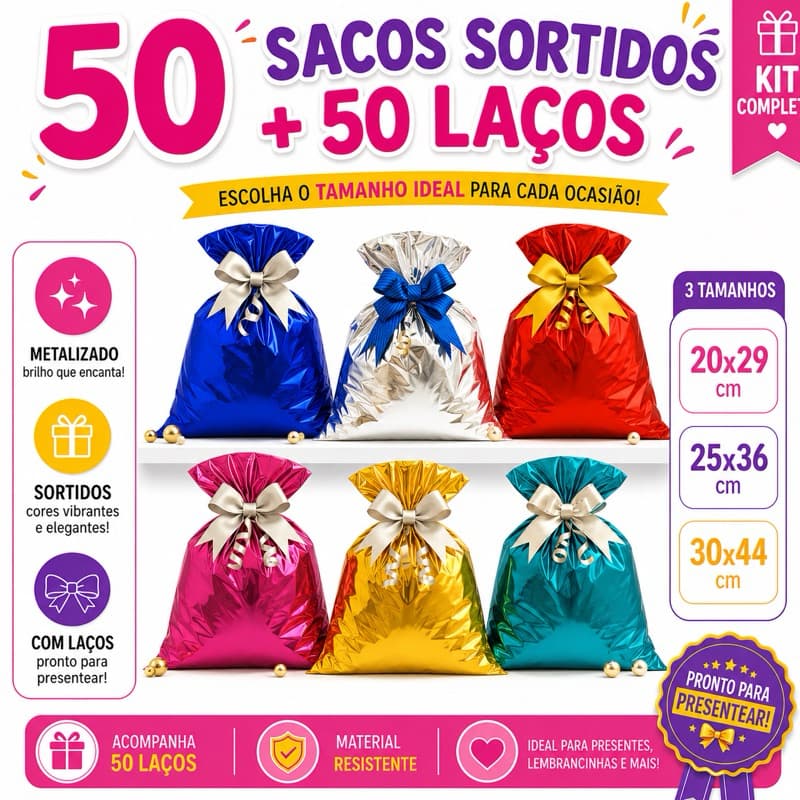 Kit 50un Sacos Metalizado Sortidos com Laços | Escolha o tamanho | Embalagem Presente Festa Luxo