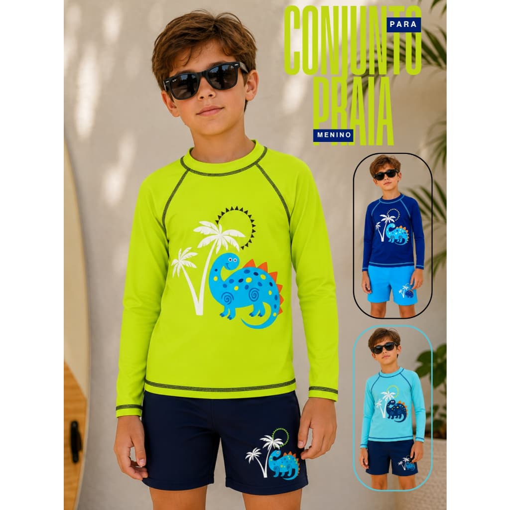 Conjunto UV 50+ Infantil Menino Sunga Boxer + Camiseta Praia Proteção Solar