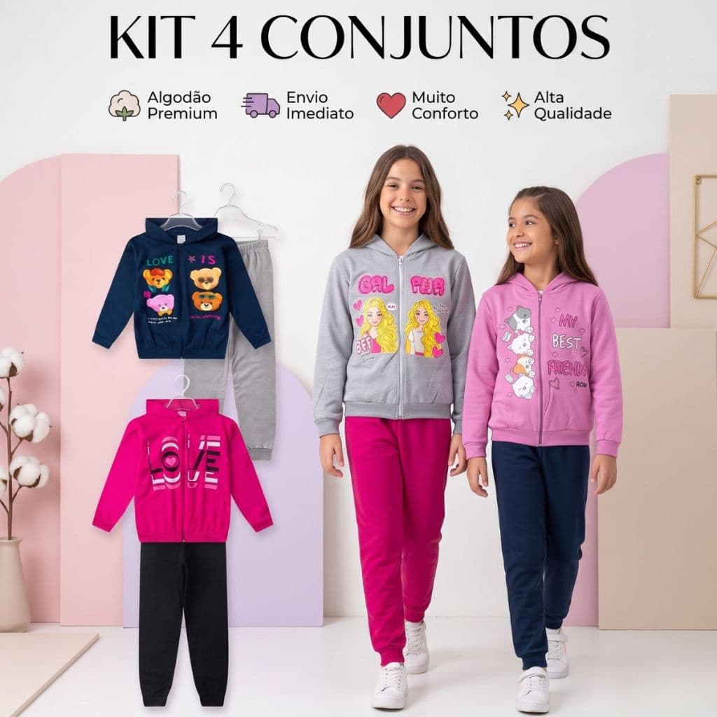 Moletom 6 Peças Calça Casaco Kit Sortido Juvenil 3 Conjuntos Inverno Roupa Feminino Infantil Frio
