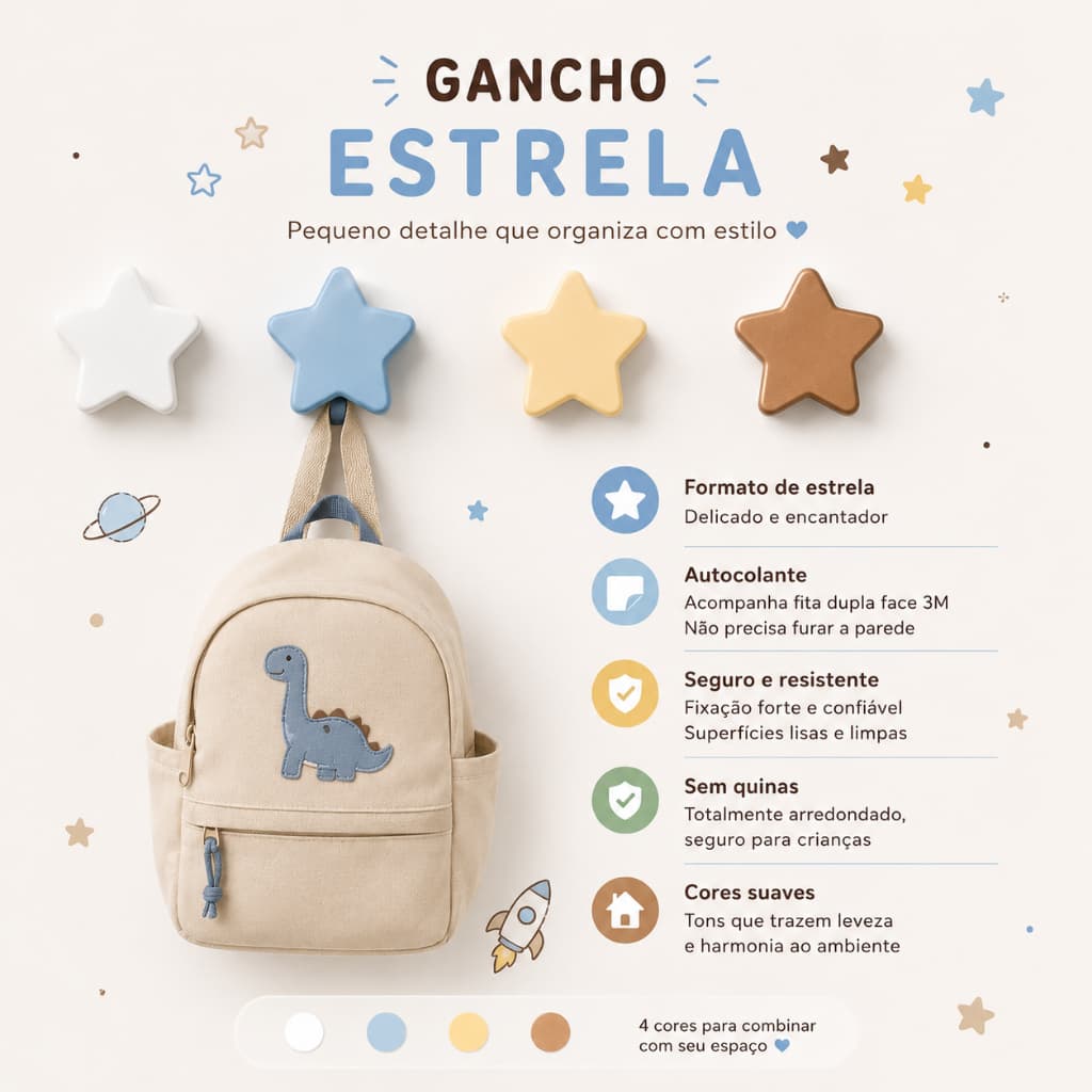 Gancho Infantil Adesivo Estrela Fita 3M Sem Furar Parede Quarto Infantil