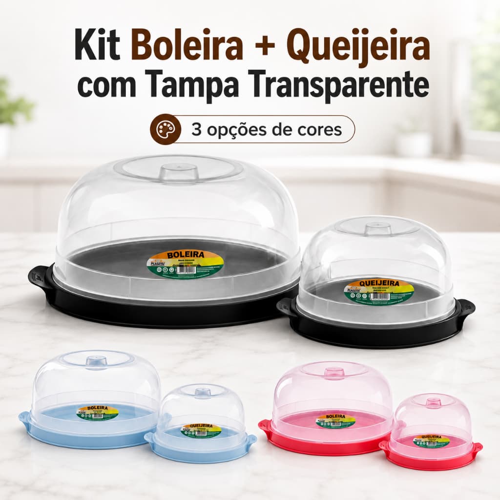 Kit Boleira e Queijeira com Tampa Transparente para Bolo, Pudim, Torta e Queijo