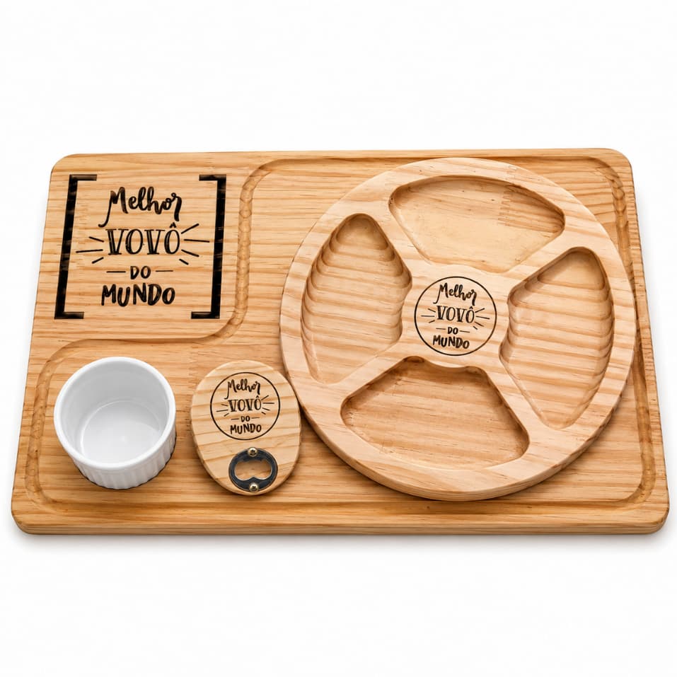 Tábua com Ramekin e Petisqueira Personalizada Melhor Vovô do Mundo com Abridor