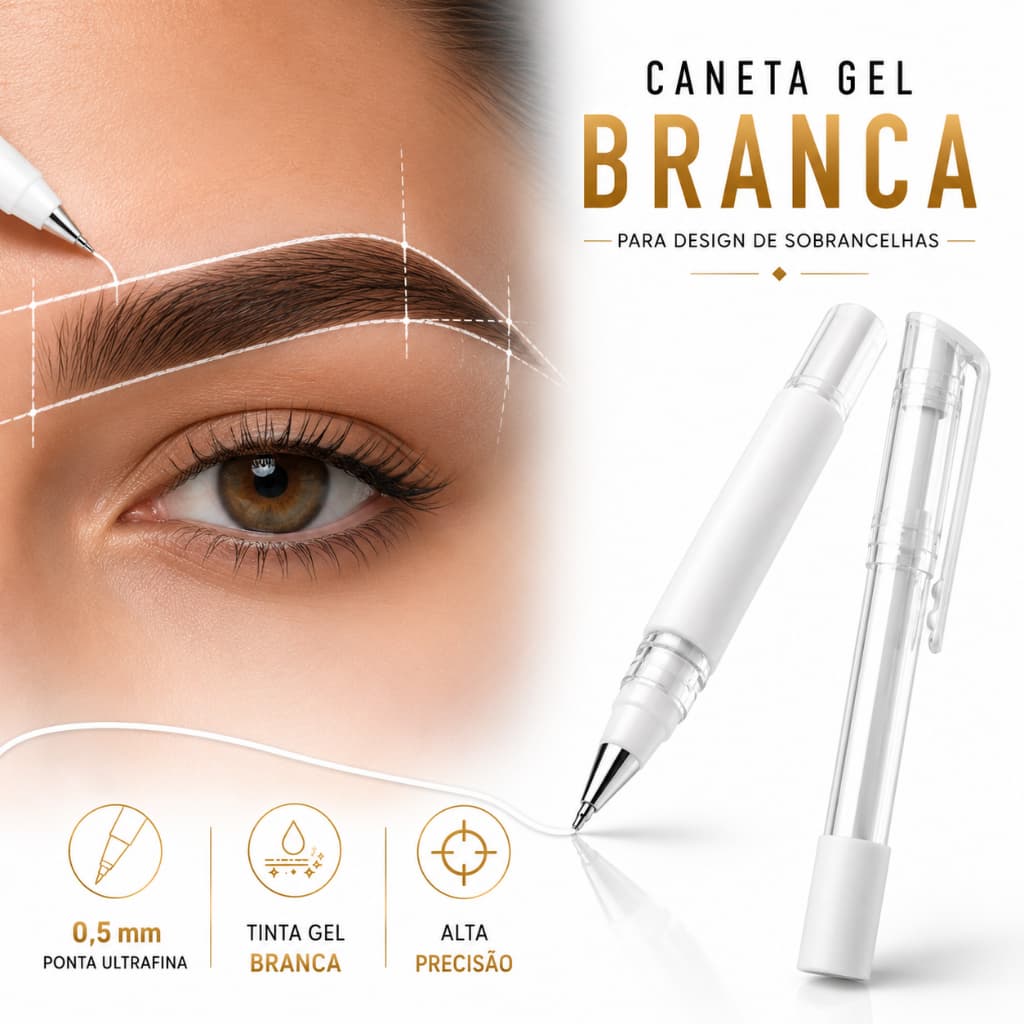 Caneta Gel Branca 0,8mm Para Design de Sobrancelhas, Micropigmentação, PMU e Mapeamento Profissional Apagável