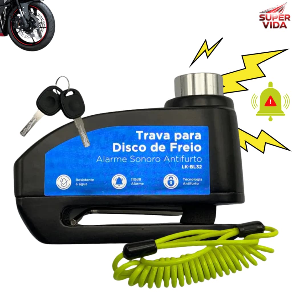 Trava De Disco Para Moto Com Alarme 110dB À Prova D'água Cabo de Advertência Incluso para Moto