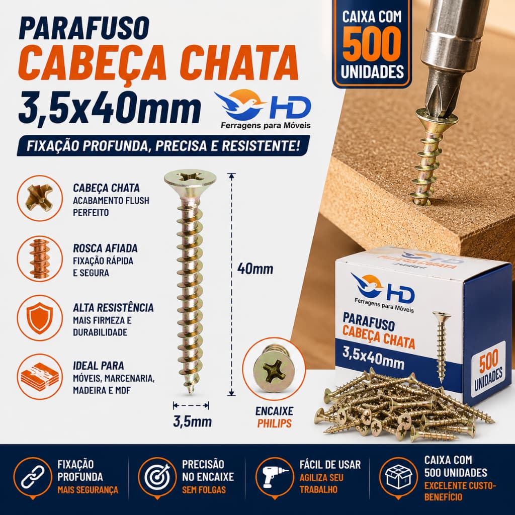 Parafuso Cabeça Chata 3,5x40mm HD – Caixa com 500 Unidades - Entregas Expressas