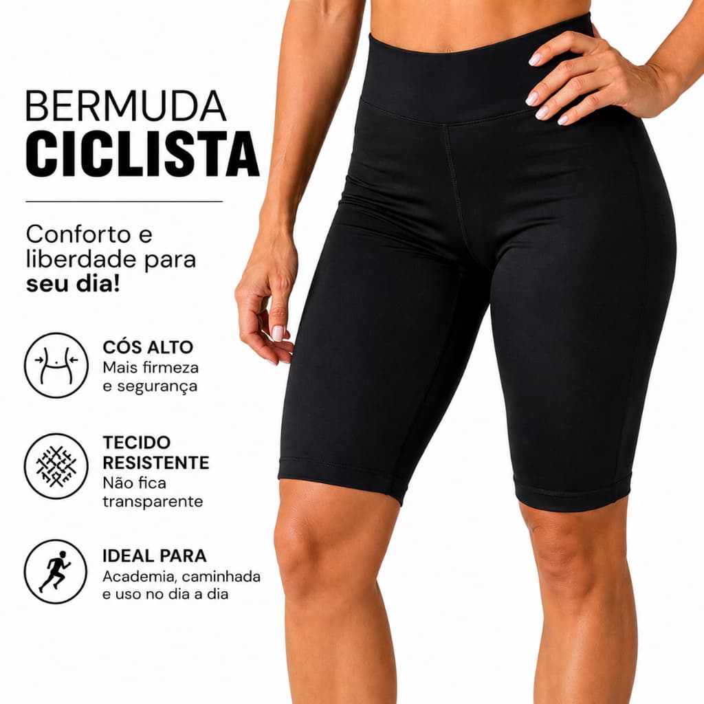 Bermuda Ciclista Feminina Cós Alto Academia Fitness Suplex Confortável Não Transparente