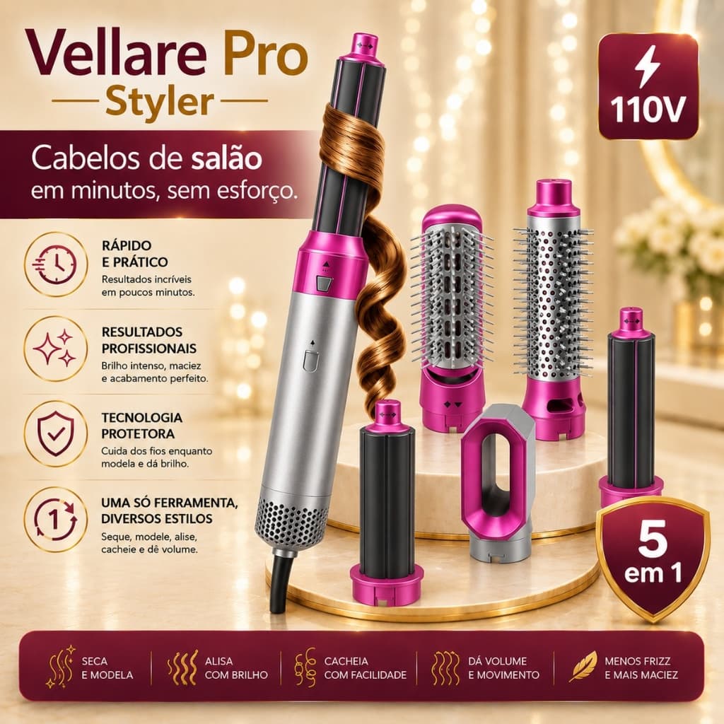 Escova Secador Modeladora Alisadora Rosa Premium 5 em 110v 1000w