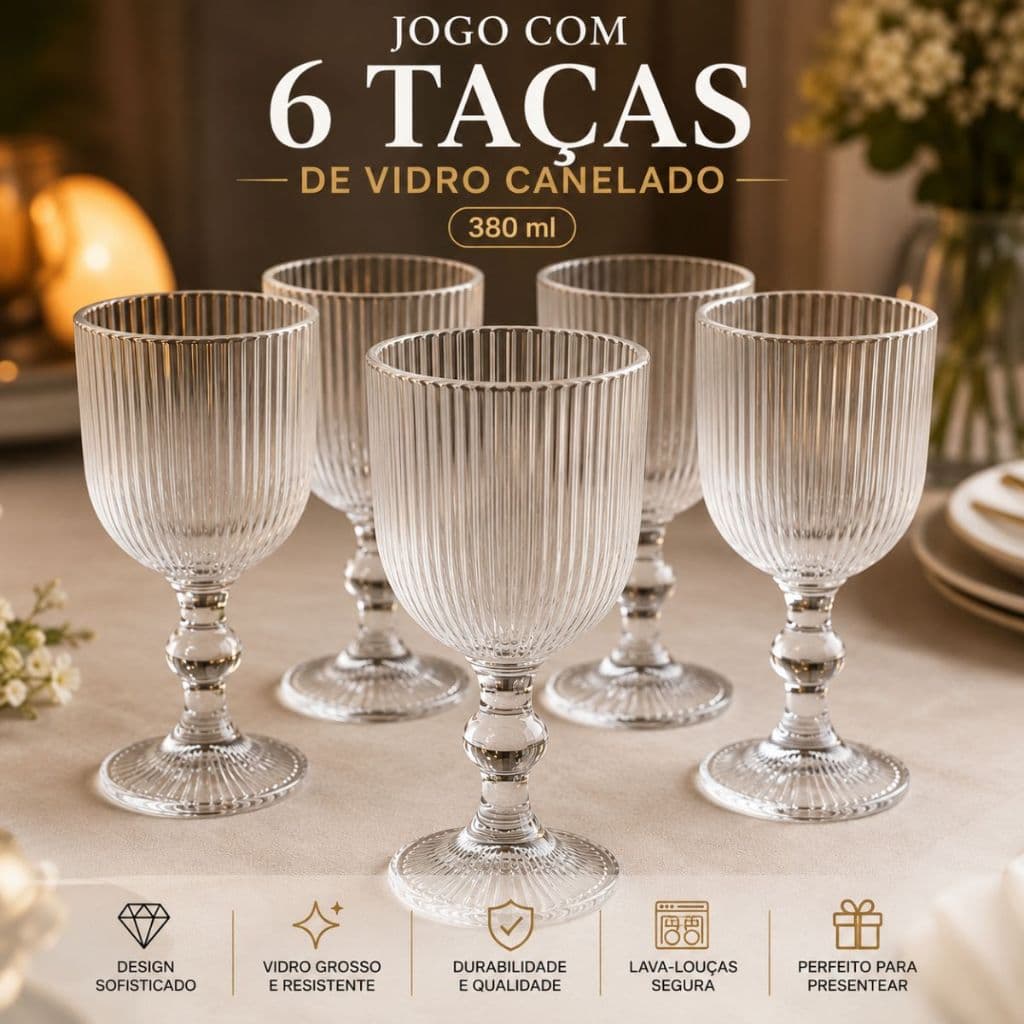 Jogo 6 Taças Caneladas de Vidro 380ml Transparente Taça Gourmet Elegante Resistente