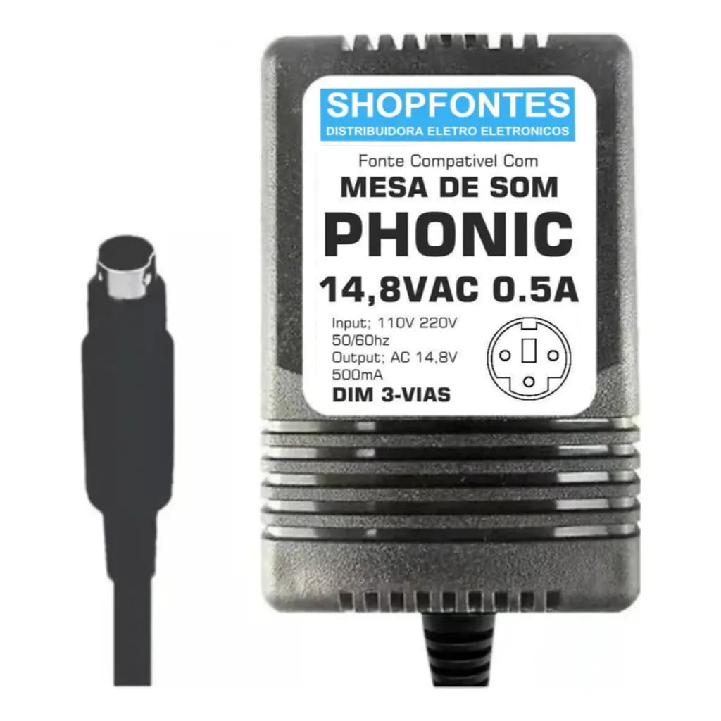 Fonte Mesa Phonic Am 25 55 85 105 125 Fx Ac 14,8vac 500mA Bivolt com chave seletora