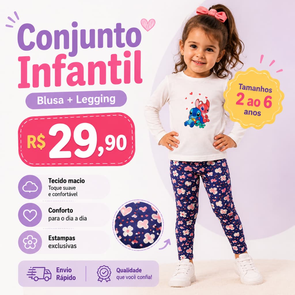 Conjunto Meia Estação Infantil Menina Estampado Cotton Elastano 2 ao 6