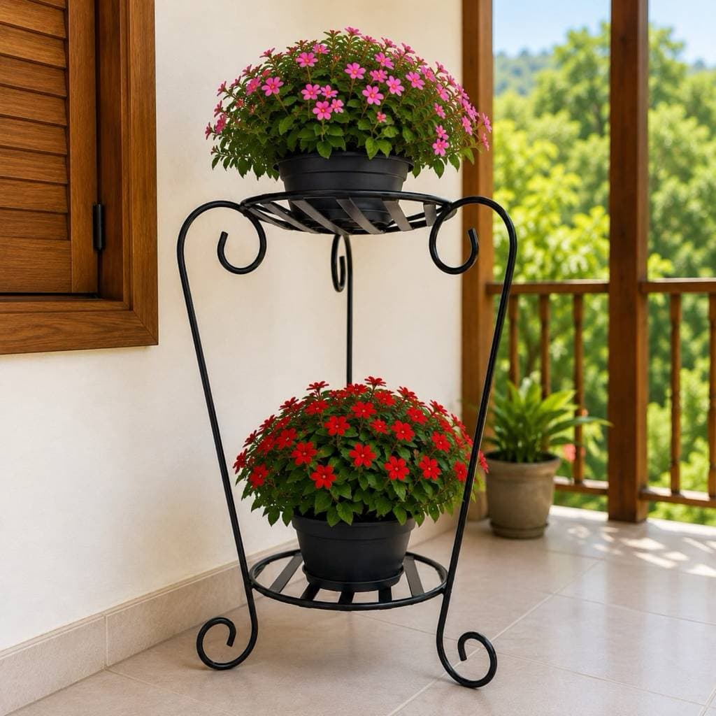 Suporte para Vasos de Flores 2 Andares em Ferro Artesanal Decorativo para Jardim Varanda Sala Sacada