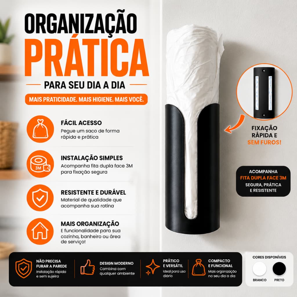 Suporte organizador vertical preto com design minimalista para sacos plásticos com fita 3m ou parafuso
