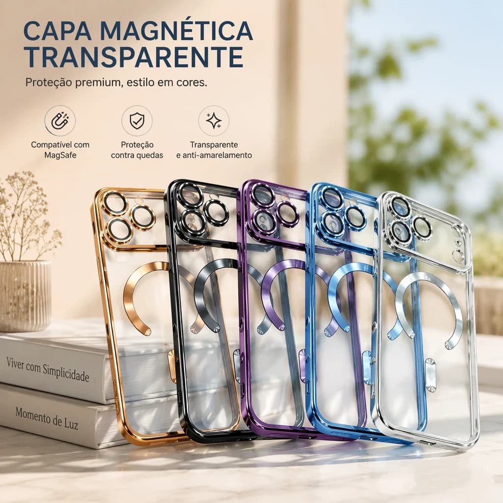 Capa Transparente Eletroplateada MagSafe para iPhone 17 Pro Max 16 15 14 13 12 11,Antichoque com Proteção de Câmera