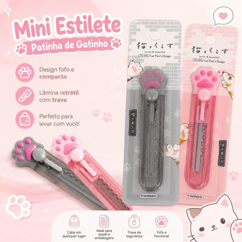 Mini Estilete Retrátil Patinha de Gatinho ou Coelhinho Kawaii | Cortador de Papel Scrapbook Papelaria Fofa